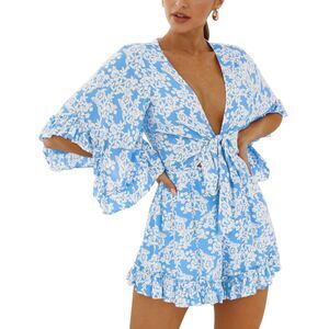 AIMCOO Deep V-Neck Blue Ruffle Hem Floral Waist Tie Casual Short Romper Sz L
